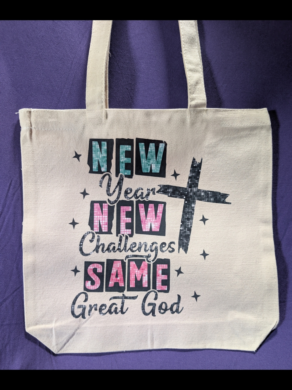 Canvas Tote Bag – New Year New Challenges Same Great God – Pink & Teal Print